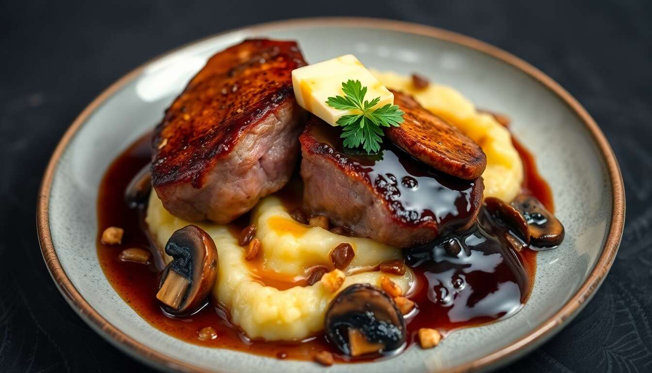 Tournedos de canard Rossini : sauce bordelaise et stoemp aux cèpes et truffe