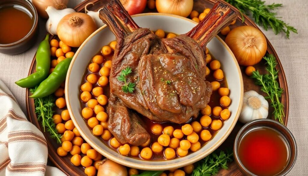 Jarret de veau braisé : coriandre, pois chiches et piquillos