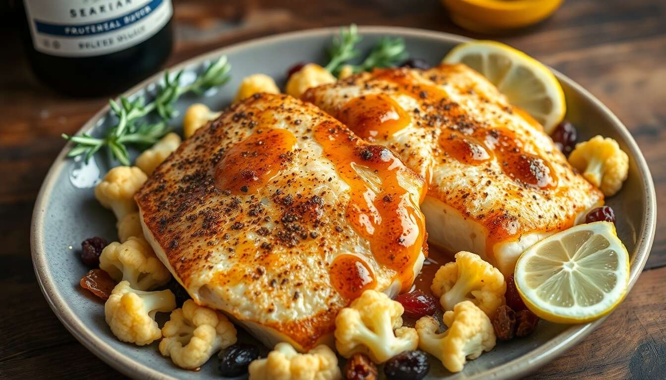 Recette de filets de dorade à la sauce chermoula, chou-fleur et fruits secs
