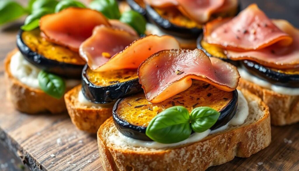 Bruschette : crème d'aubergine et jambon Mangalica