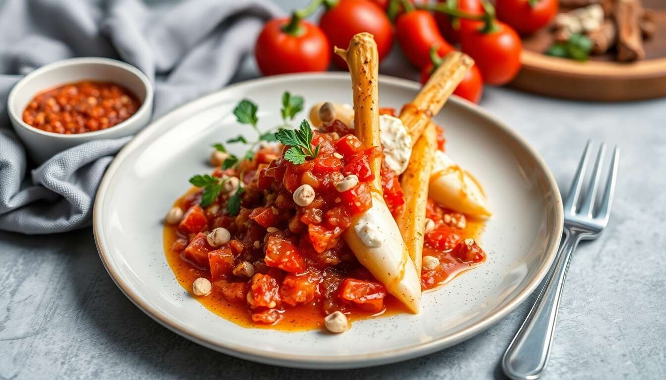 Panais rôtis farcis au chèvre frais et noisettes : gaspacho tomates-poivrons et chorizo