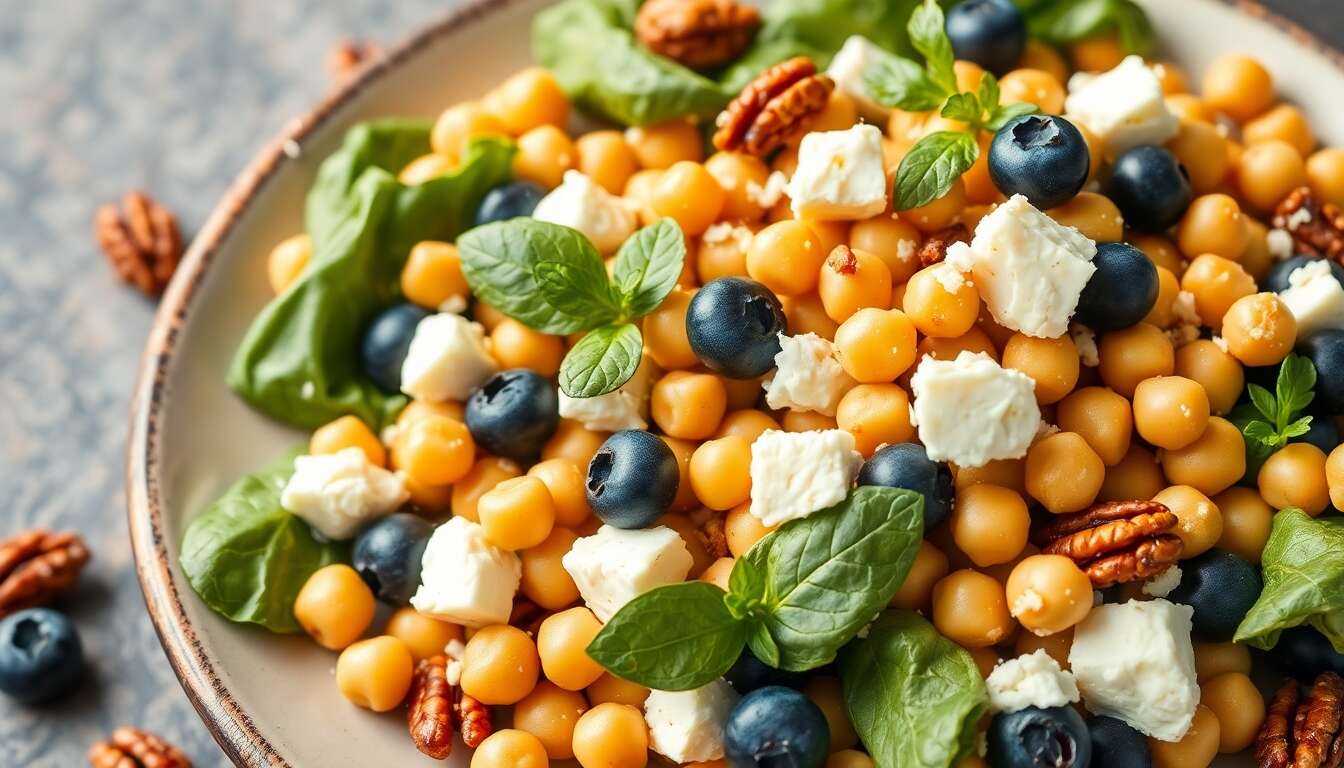 Salade de pois chiches : légumes rôtis, feta et myrtilles