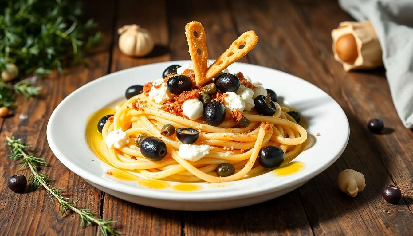 Bucatini à la ricotta : recette au fenouil, câpres et olives avec grissini croustillant