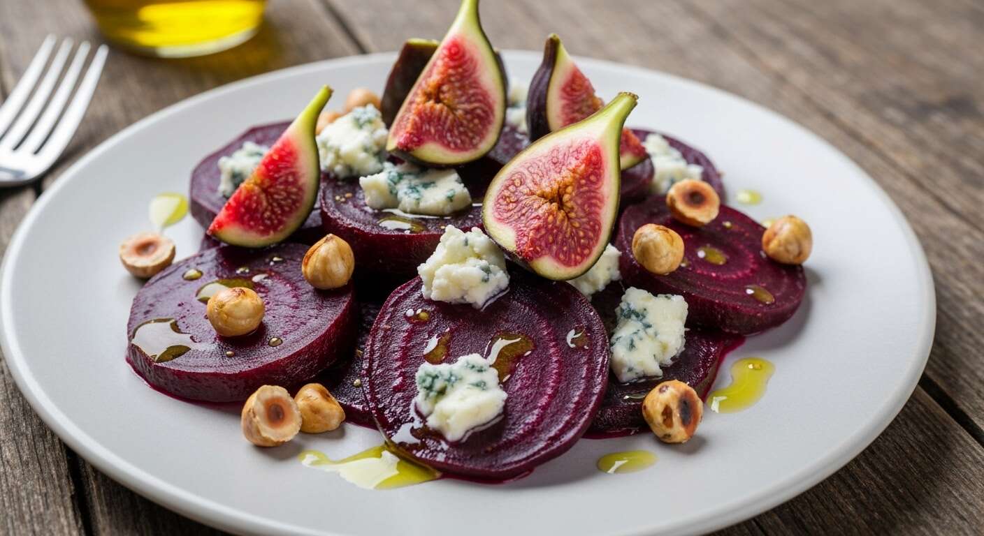 Recette : betterave à la vinaigrette épaisse aux figues, bleu de chèvre et noisettes torréfiées