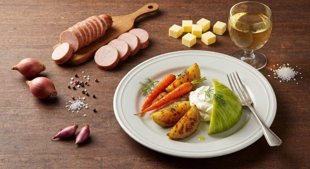 Chou pointu rôti et Morteau : recette gourmande de beurre blanc et crème de carottes