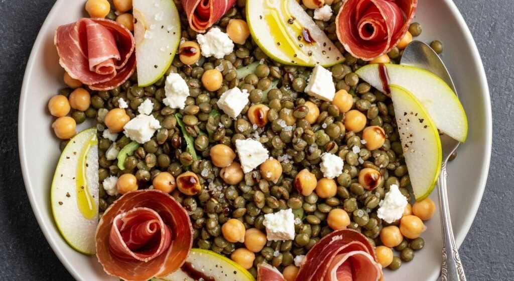 Recette de salade : pois chiches, lentilles, feta, poires et jambon cru