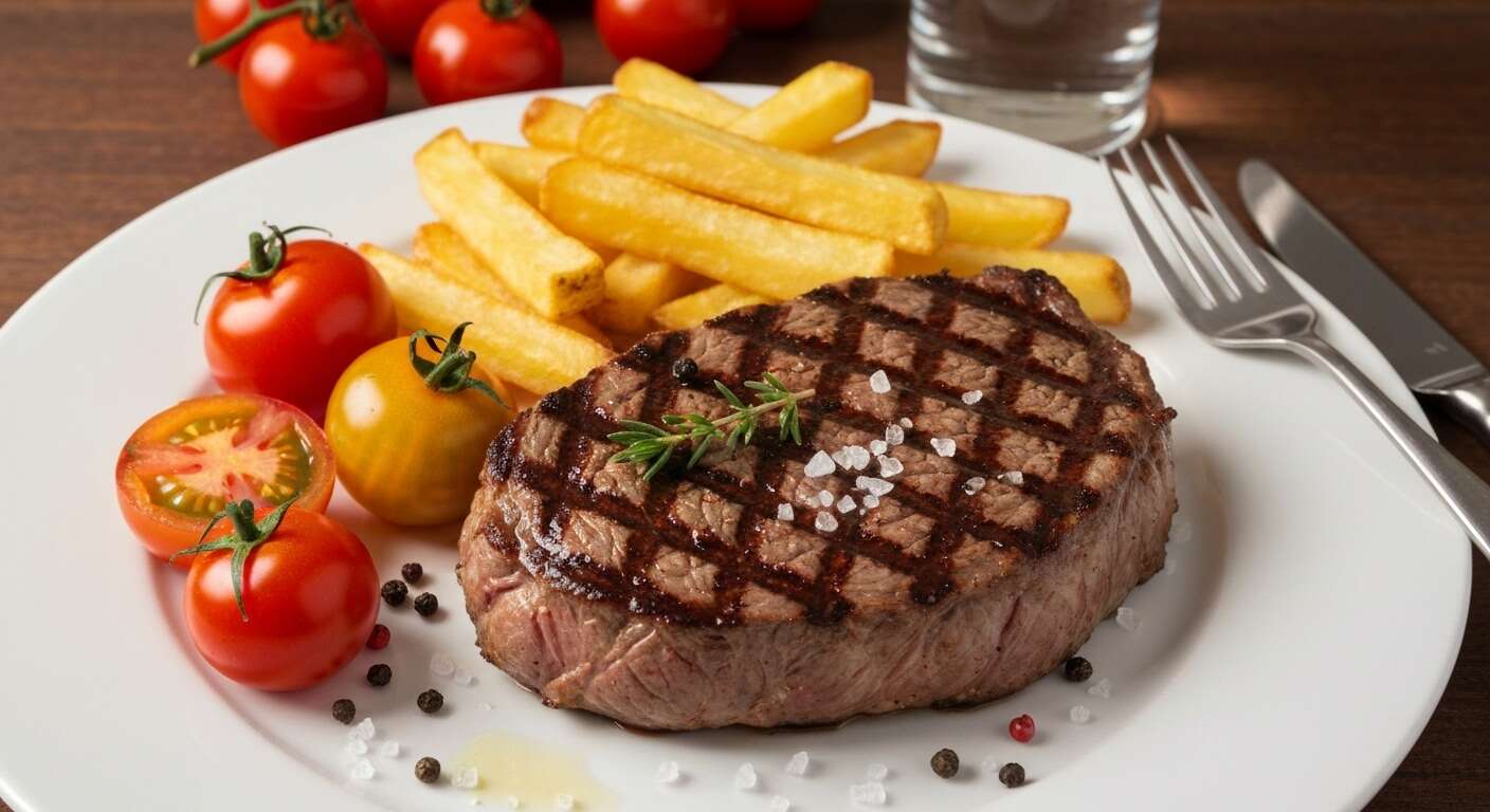 Contrefilet de cheval grillé : recette avec frites maison et tomates multicolores de Provence
