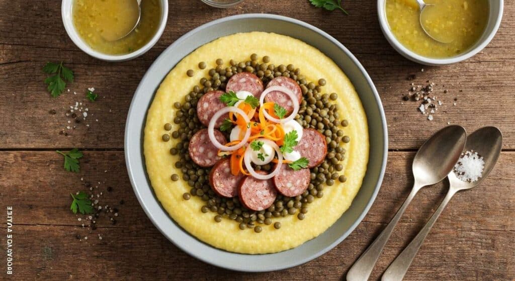 Lentilles vertes et saucisson de Morteau : recette de polenta crémeuse