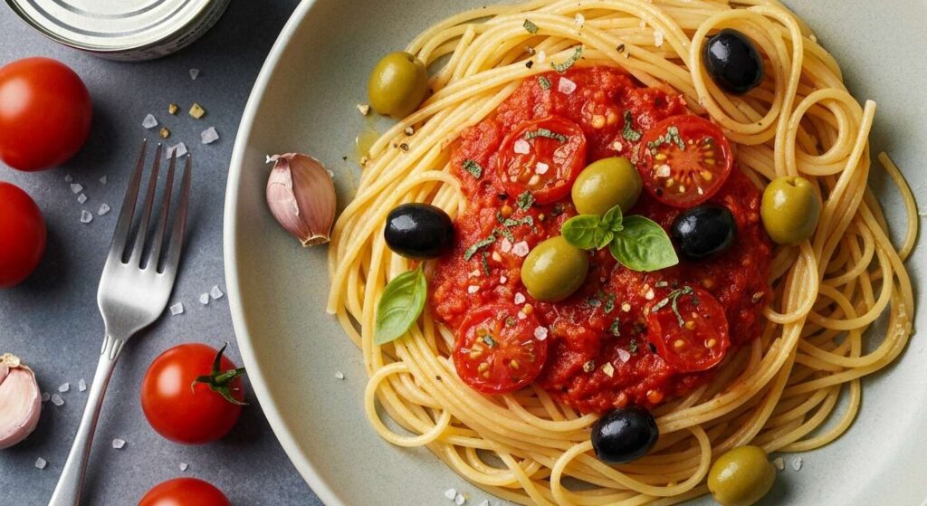 Spaghettini aux datterini, olives vertes et basilic thaï : recette savoureuse