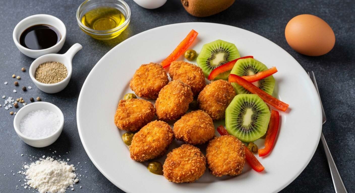 Croquants de poulet au curry, salade kiwi-poivrons