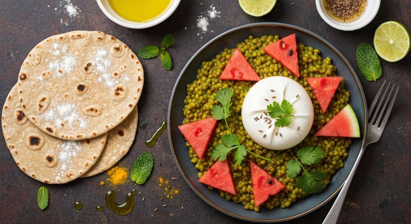 Mung dal à la crème de burrata, pastèque et chutney de coriandre-menthe avec chapatis