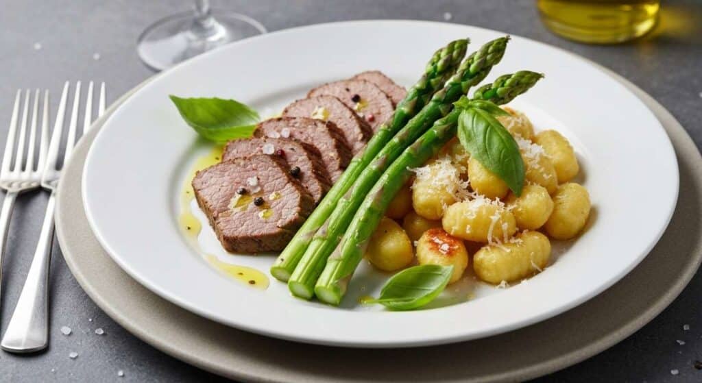 Tagliata de contrefilet Limousin, asperges vertes au basilic et gnocchi parmesan