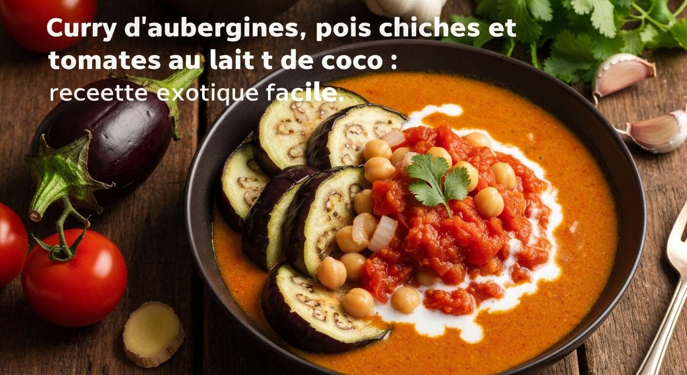 Curry d'aubergines, pois chiches et tomates au lait de coco : recette exotique facile