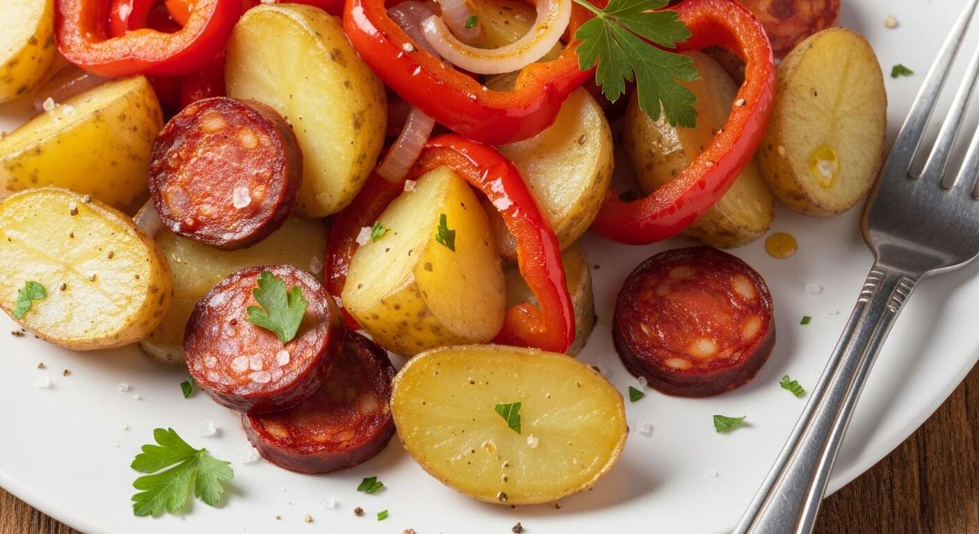 Sauté de pommes de terre aux oignons doux des Cévennes, poivrons grillés et chorizo : recette gourmande