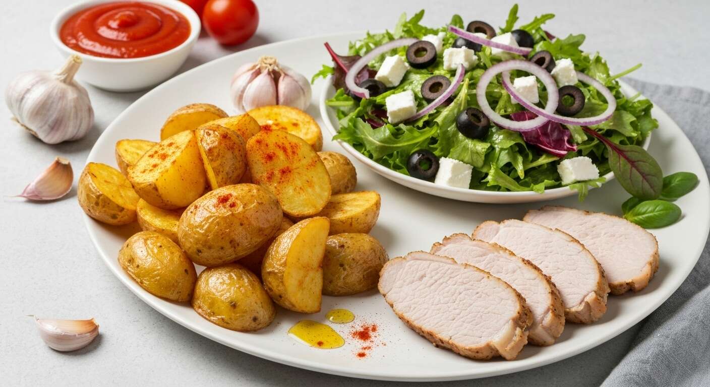 Recette facile : patatas bravas, salade composée et porc laqué léger