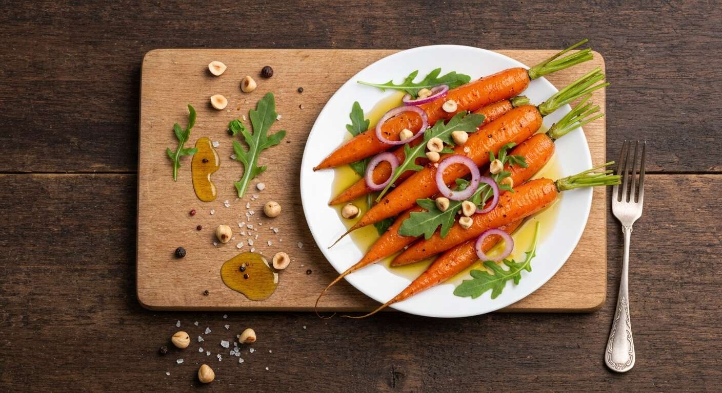 Recette : carottes confites au sirop d'érable, oignons, roquette et noisettes