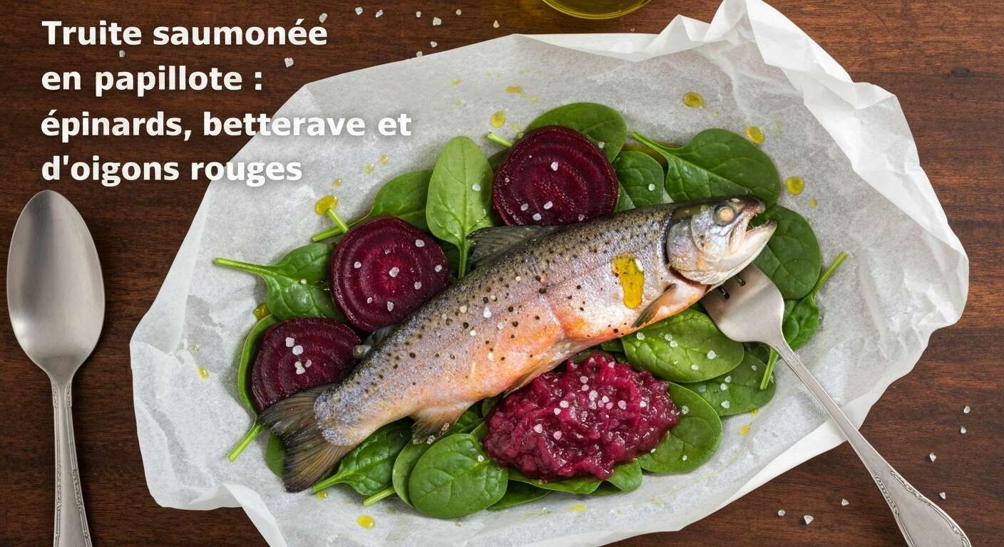 Truite saumonée en papillote : épinards, betterave et chutney d'oignons rouges