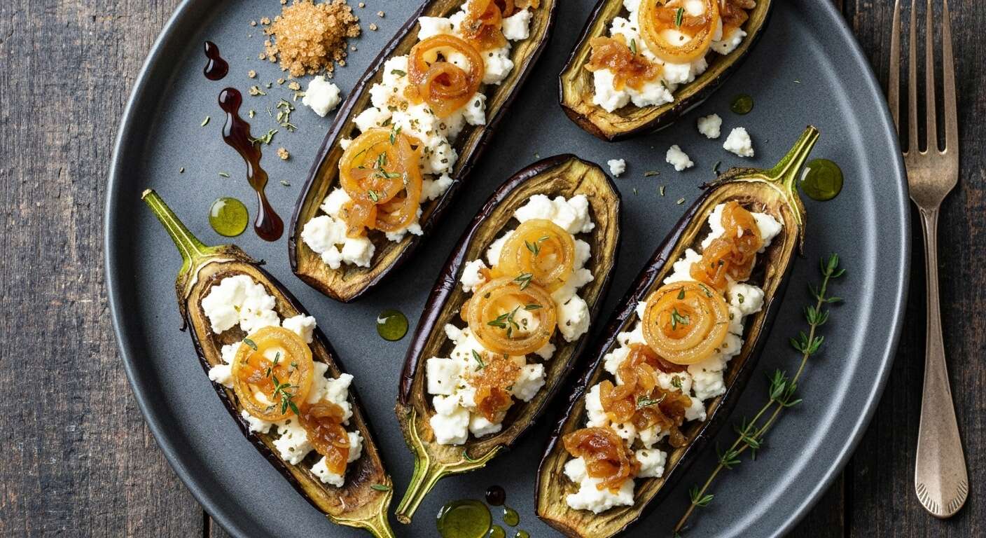 Aubergines confites au four : recette avec feta et oignons caramélisés