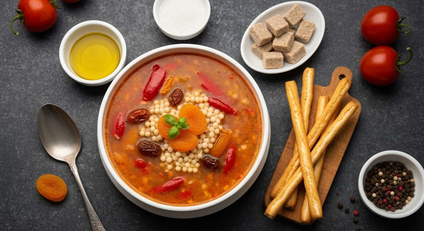 Soupe épaisse : tomate, poivrons, abricots secs et couscous perlé avec gressins