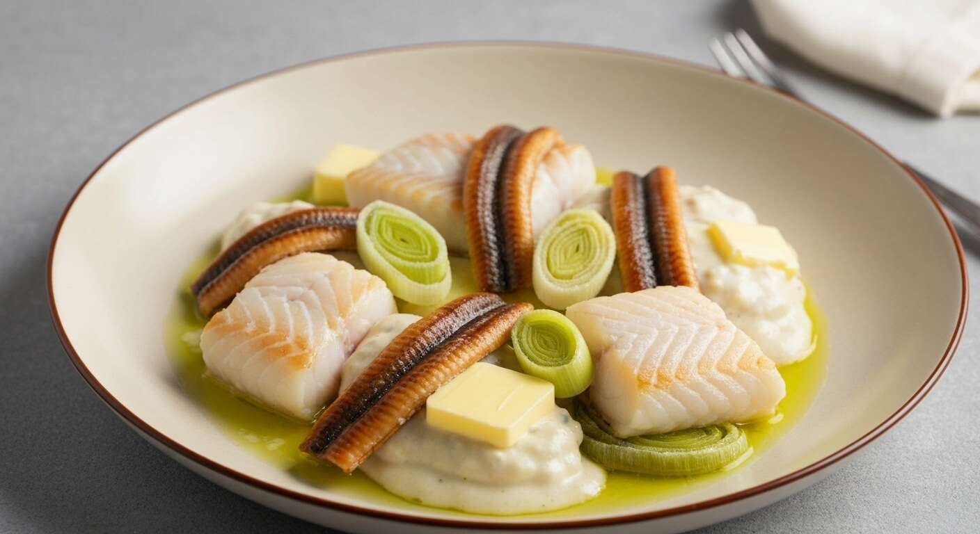 Cabillaud au vin blanc et stoemp poireaux-anguille fumée