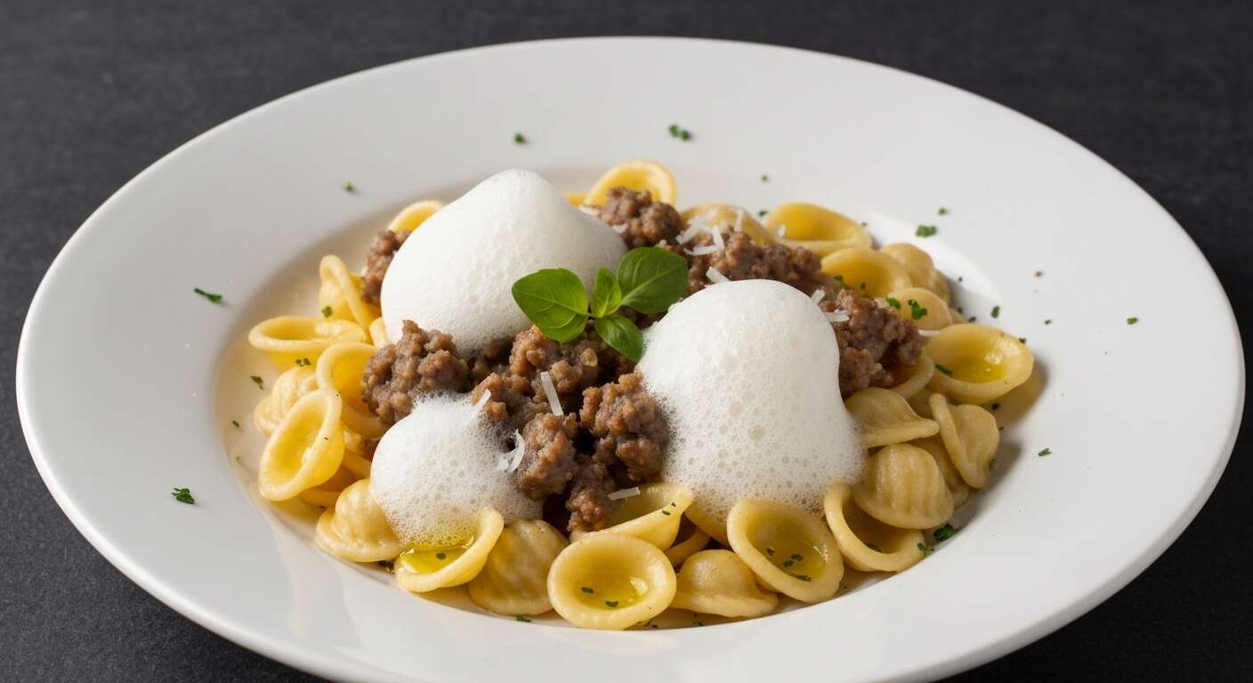 Orecchiette au ragoût de saucisse Cinta Senese et espuma de parmesan