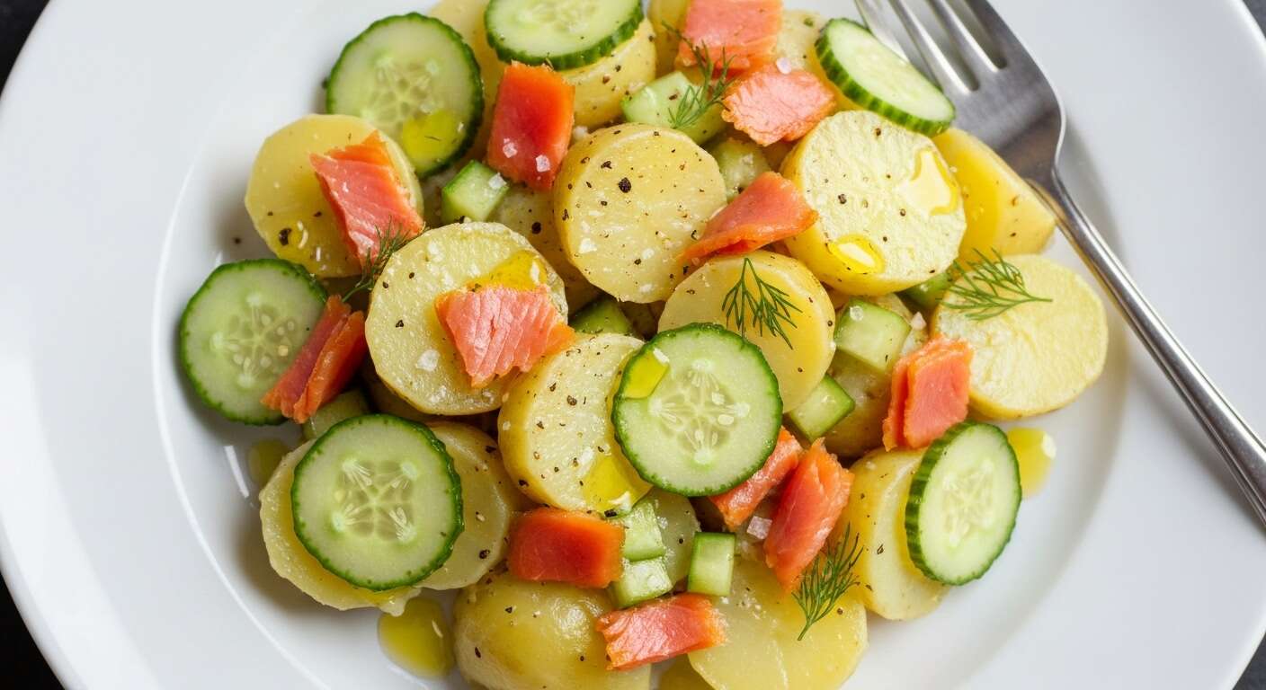 Salade de pommes de terre, truite fumée et concombres au vinaigre : la recette savoureuse