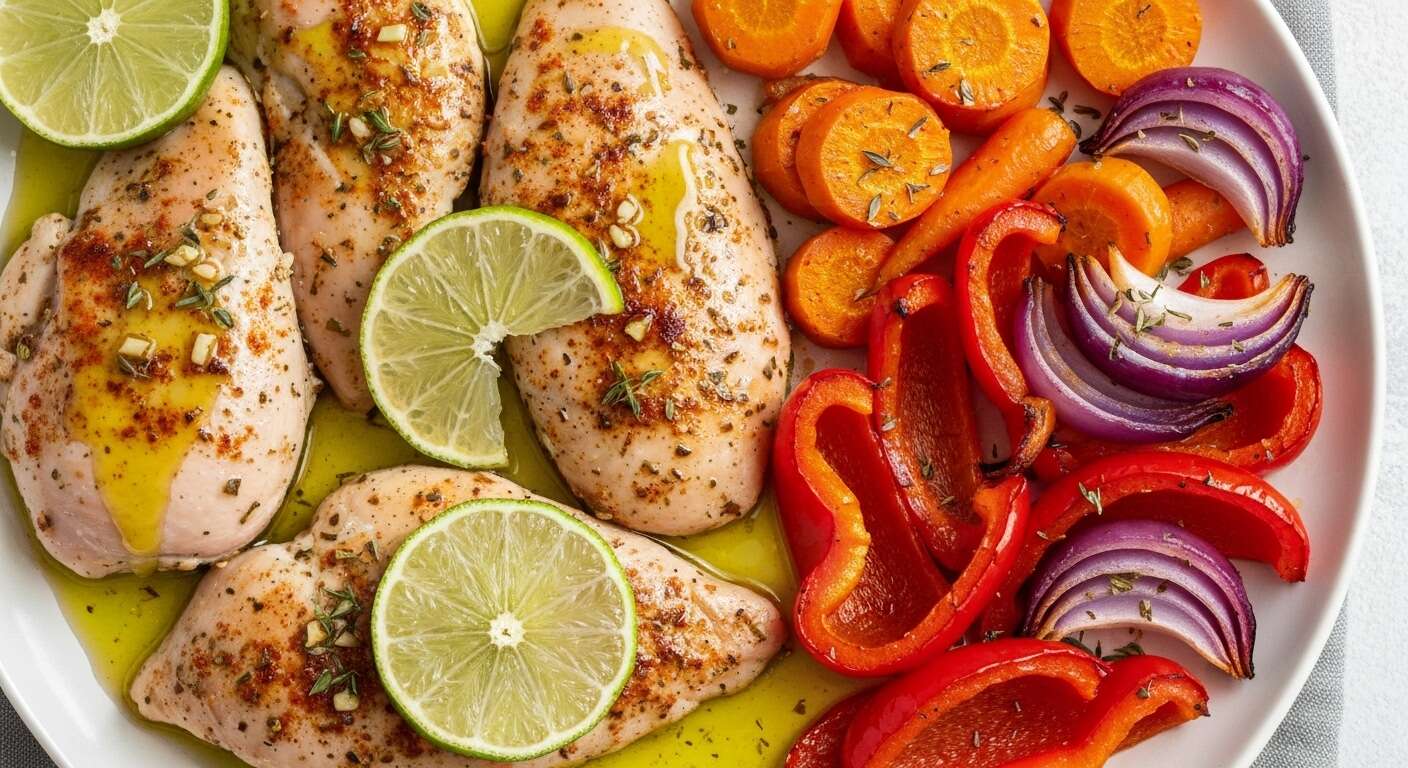 Poulet mariné au citron vert et légumes confits au four