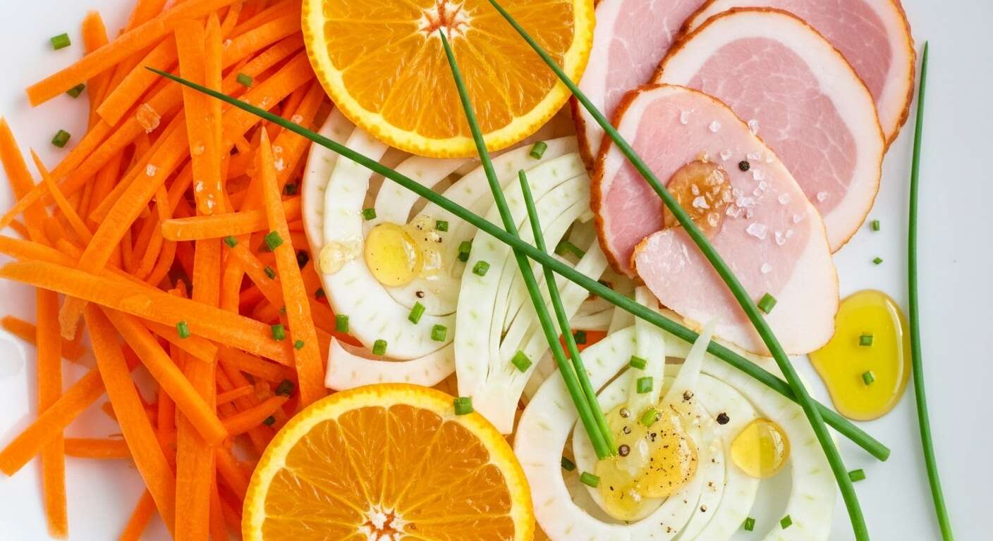 Salade croquante : carottes, fenouil et jambon à l'orange et vinaigre de cidre