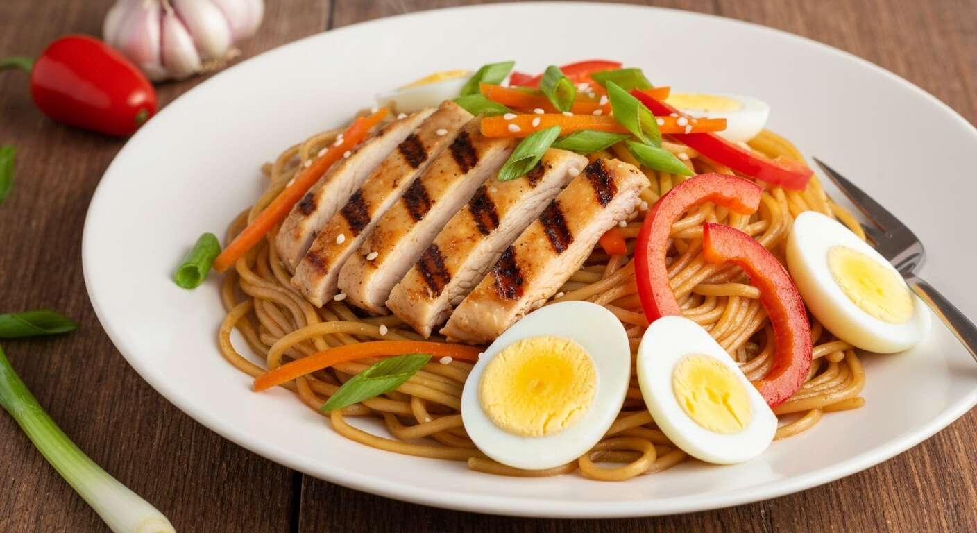 Nouilles chinoises sautées : recette aux légumes, poulet et œufs