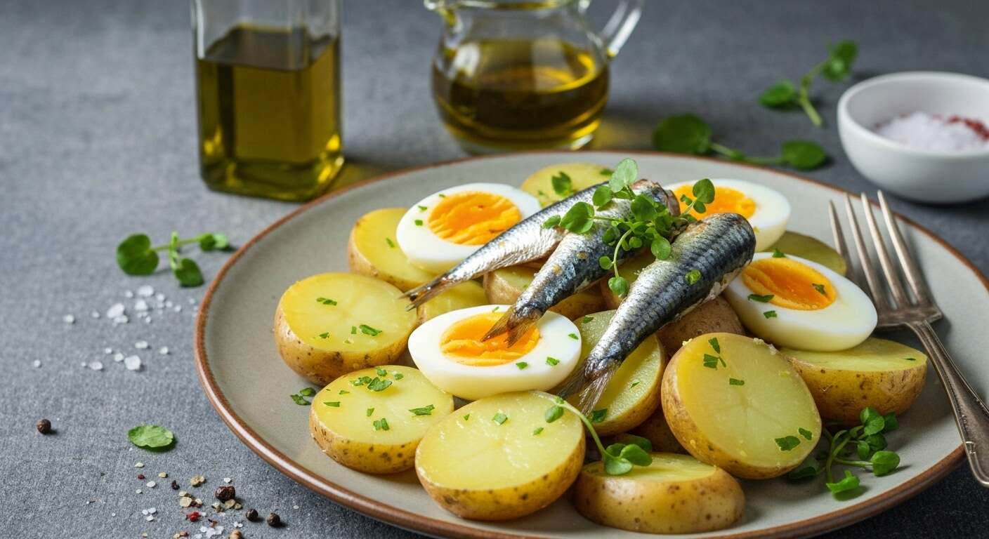 Salade de pommes de terre au cresson : recette gourmande avec œufs, sardines et vinaigrette à la moutarde