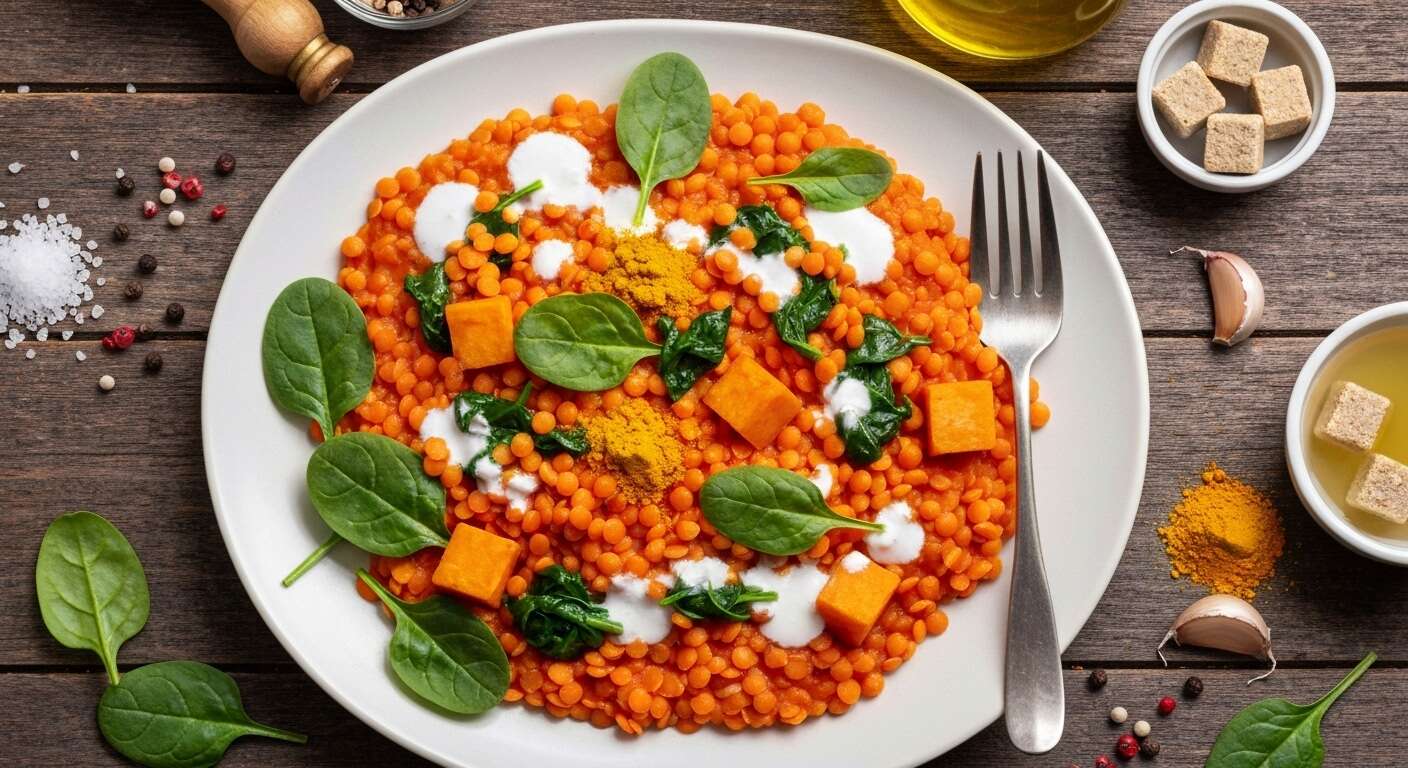Dahl de lentilles corail, patate douce et épinards au lait de coco