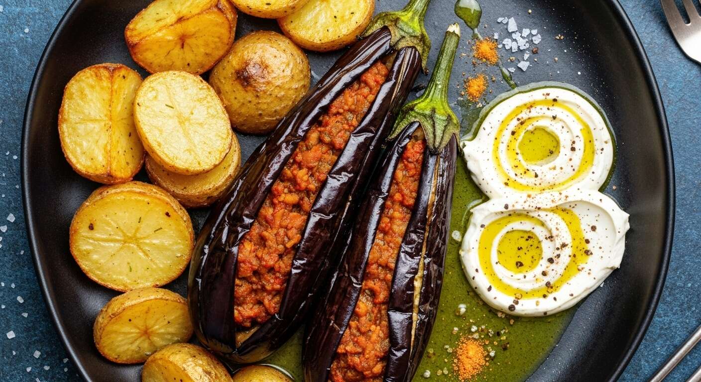 Aubergines farcies à la merguez : savourez avec patates douces rôties et cream cheese épicé