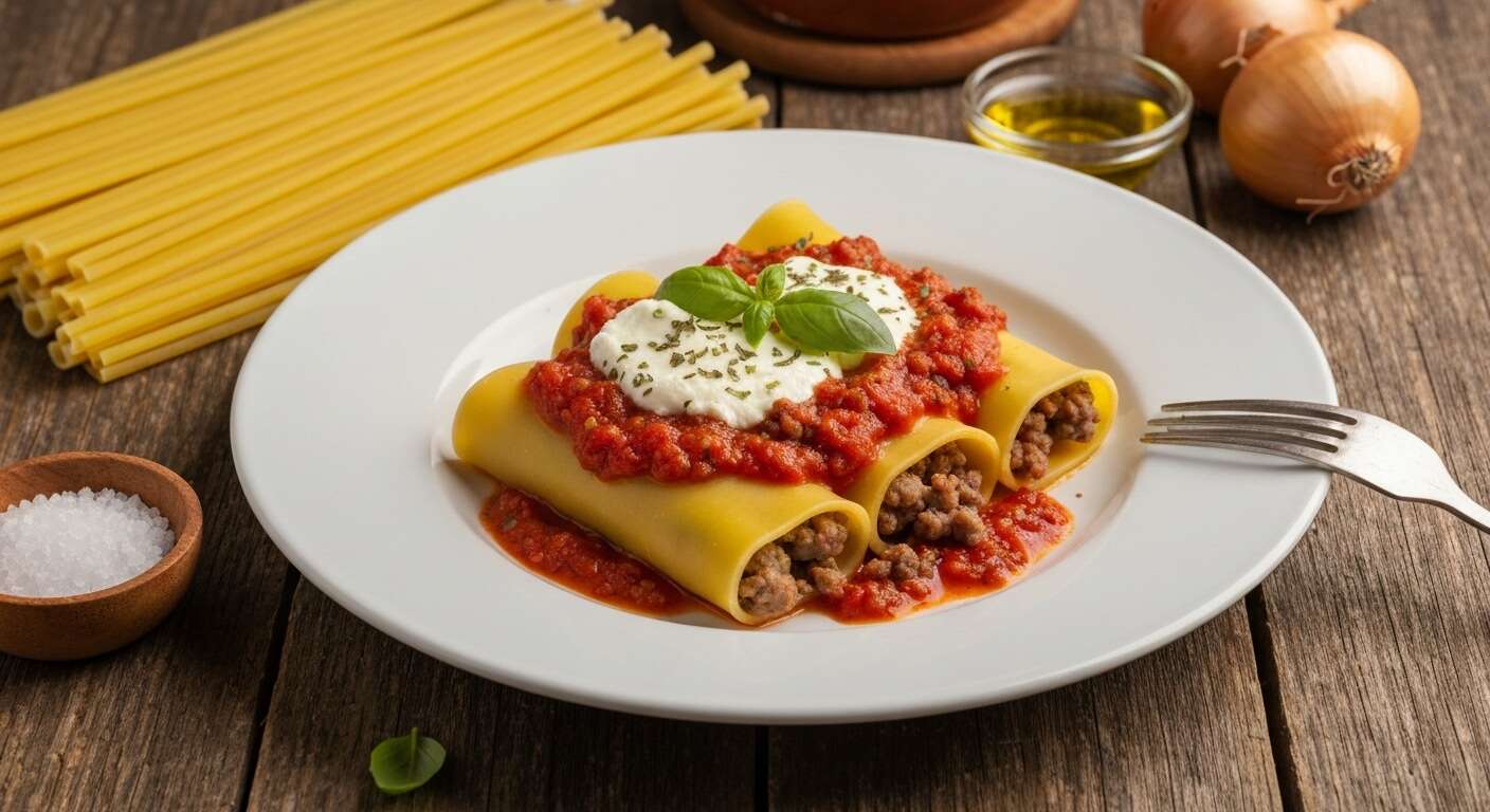 Cannelloni farcis aux trois viandes, ricotta et mozzarella, sauce tomate