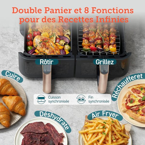 COSORI Air Fryer 2 Compartiments 8.5L, 8-en-1 Airfryer Friteuse Sans Huile, 71% D'efficacité énergétique, 85% de Carburant En Moins, 55% Plus Rapide, 8 Portions, Va au Lave-vaisselle, Or