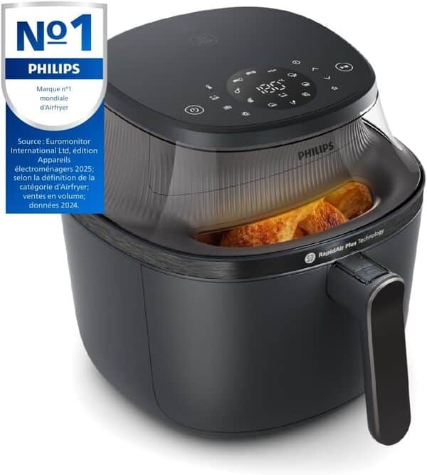 PHILIPS Air Fryer Série 3000 7,2 L, fenêtre de cuisson, friteuse 16 en 1, technologie RapidAir Plus, élimination des graisses, application de recettes HomeID, facile à nettoyer (NA340/00)