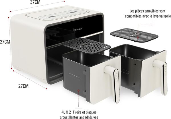 Runnatal Air Fryer double zone, 8 L Airfryer, sans huile, 2 tiroirs, programmes de cuisson 14 en 1, casseroles pour légumes et viande, écran tactile, faible en gras, compatible lave-vaisselle