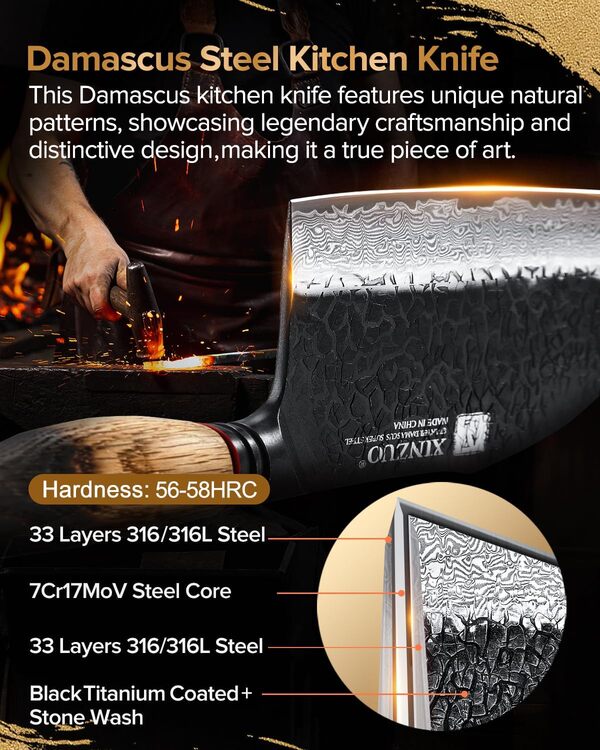 XINZUO Couperet de Cuisine 18,5cm Acier Damas Couteau de Chef Chinois -Professionnel Couteau de Boucher Forgé à la Main pour la Maison, la Cuisine en Plein Air, le Camping -Poignée en Chêne Blanc