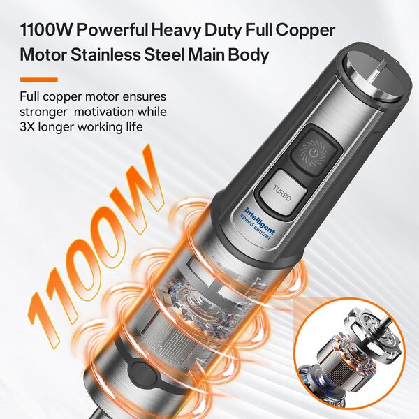 Anybear Mixeur Plongeant, 1100W Mixeur à Main 2-en-1 avec Moteur en Cuivre Pur & Corps en Acier Inoxydable, 15 Vitesses + Mode Turbo, Lame Anti-Rayures, Accessoire Batteur Inclus
