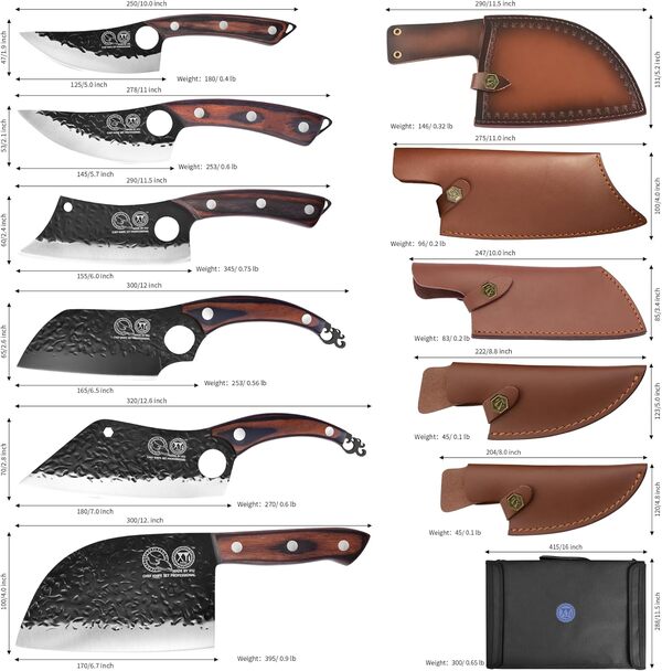 XYJ Ensemble de couteaux de camping pleine soie - Couteaux de chef chinois de boucher et légumes - Couteaux à désosser avec manches en cuir, sac à rouler et outils de cuisine