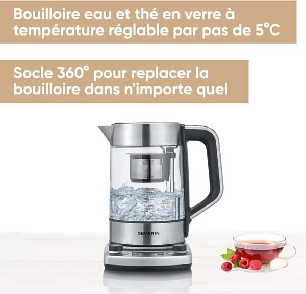SEVERIN Bouilloire Eau & Thé en Verre Programmable, 1,7L, 3 000W, Levée Automatique du Filtre, Minuterie, Affichage LED, WK 3422