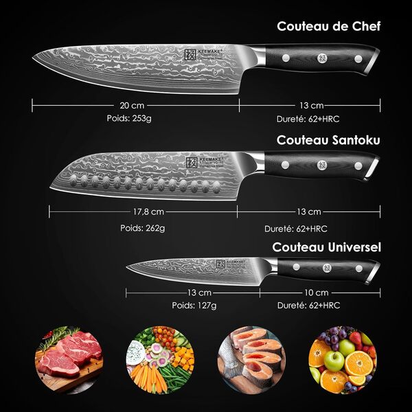 KEEMAKE Set Couteaux de Cuisine Professionnel, Couteau Cuisine Damas 67 Couches Santoku Japonais 178mm Office 127mm Chef 200mm Poignée G10, Coffret Cadeau Restaurant