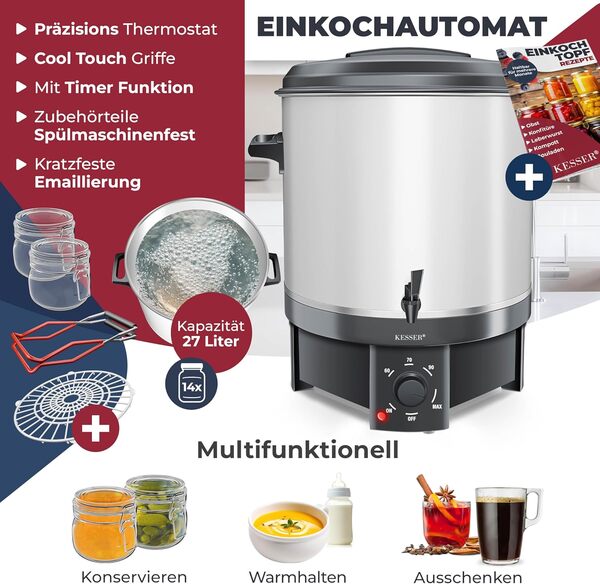 KESSER® Confiturier électrique 27 L | Marmite à vin chaud 1800 W | Distributeur de boissons chaudes | Autocuiseur