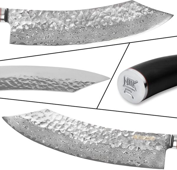 YOUSUNLONG Couteau de boucherie et de cassage 12 pouces - Acier Damas Martelé Japonais VG10 - Poignée en ébène avec étui en cuir