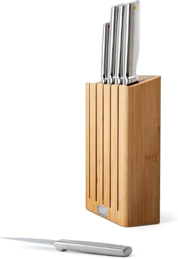Joseph Joseph Elevate Ensemble de Couteaux de Cuisine Professionnelle, 5 Pièces, Acier Inoxydable Japonais avec Bloc de rangement en Bois, Couteau de Chef, Pain, Santoku