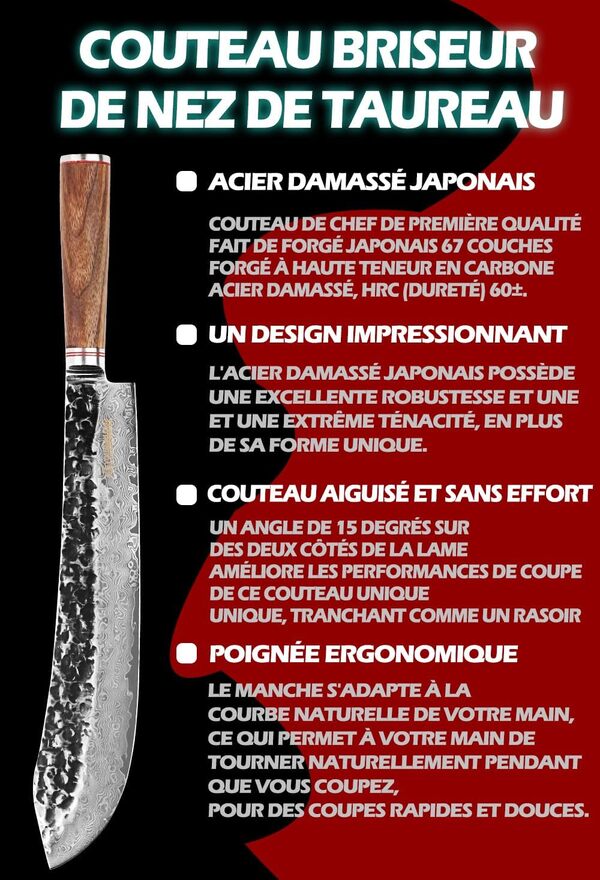 YOUSUNLONG Couteau Boucher 30,5cm Couteau à découper de Chef - Damas Japonais - Couteau à Steak Cimeter - Manche en Bois de Noyer - pour Couteau à Viande Cimeter Steak