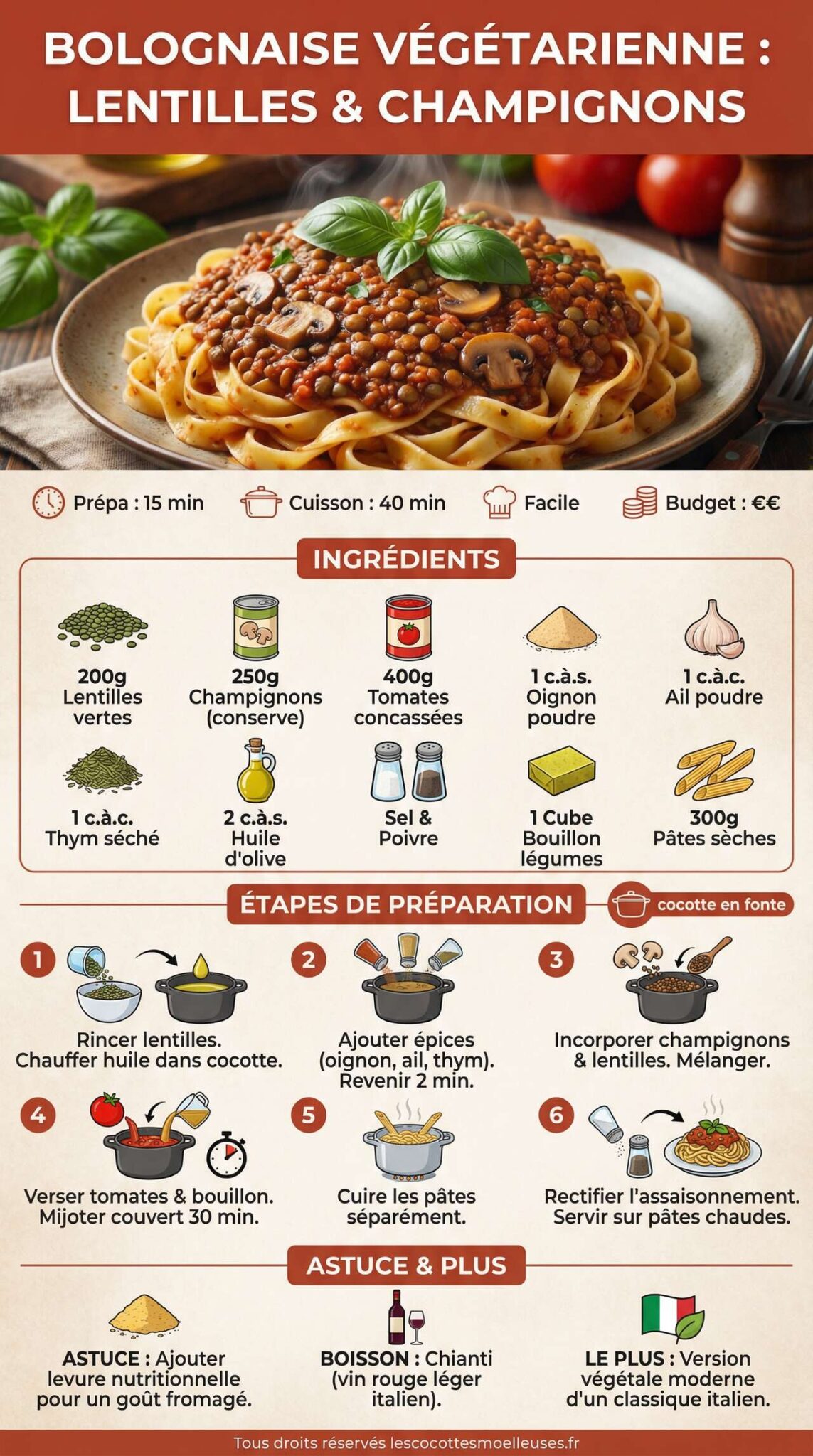 Infographie de la recette Bolognaise v&eacute;g&eacute;tarienne : lentilles et champignons