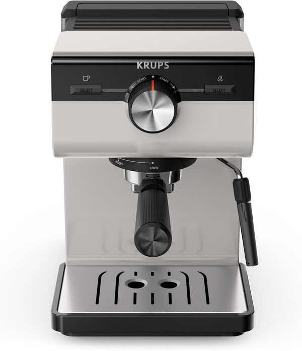 Krups Machine espresso manuelle, Qualité Barista, Espresso et Cappuccinos, Buse vapeur, Rangement des filtres inclus, Gris clair, Authentic, XP381B10