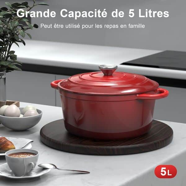 Cocotte Fonte - 26cm Rouge Faitout Marmite Four Hollandais avec Couvercle, Topbooc 5L Dutch Oven Émaillée Compatible Induction, Gaz, Four, Casserole pour Braiser Ragoûts Rôtir Pain