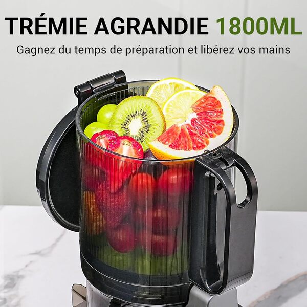 AMZCHEF Extracteur de jus automatique Vos mains libres, Ouverture de 135 mm et capacité de 1,8 L Extracteur de jus de fruits et légumes entiers, Extracteur jus lent de 250W avec triple filtre - Rouge