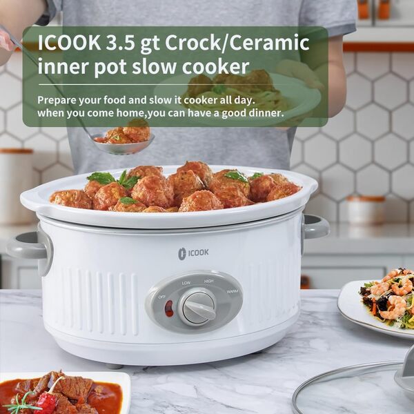 ICOOK USC-351-OG - Mijoteuse - 100 litres - Passe au lave-vaisselle - Pot intérieur en céramique et couvercle en verre - Petite mijoteuse ovale - Blanc